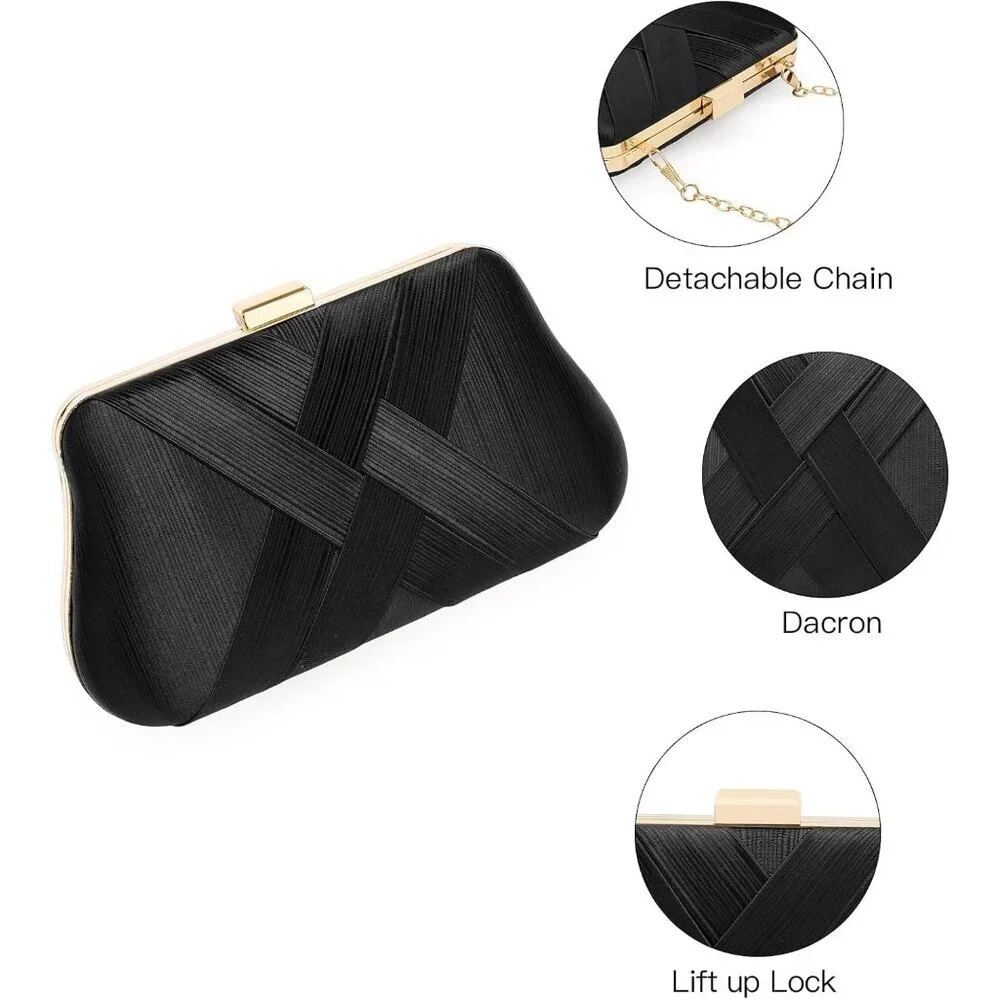 ⚡ Women's Silk Satin Fabric Clutch Crossbody Formal Party Wedding Black Bag